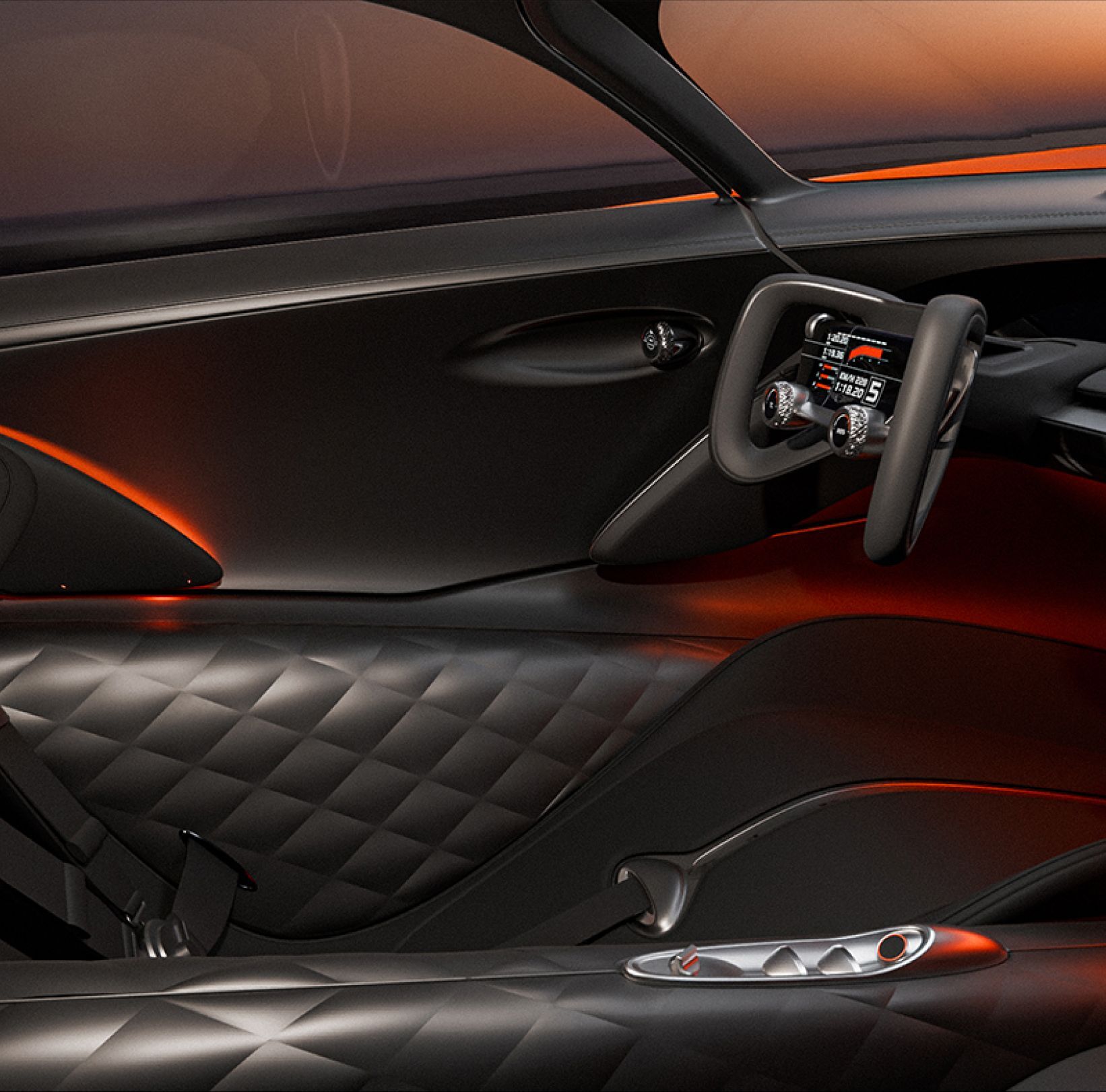 From the passenger seat, the view of the X Gran Berlinetta Concept’s driver’s seat is revealed. The interior is elegantly designed in black and silver, accented by a touch of fiery orange lighting. The steering wheel, featuring a central monitor and ribbon-like handles on either side, epitomizes modern sophistication.