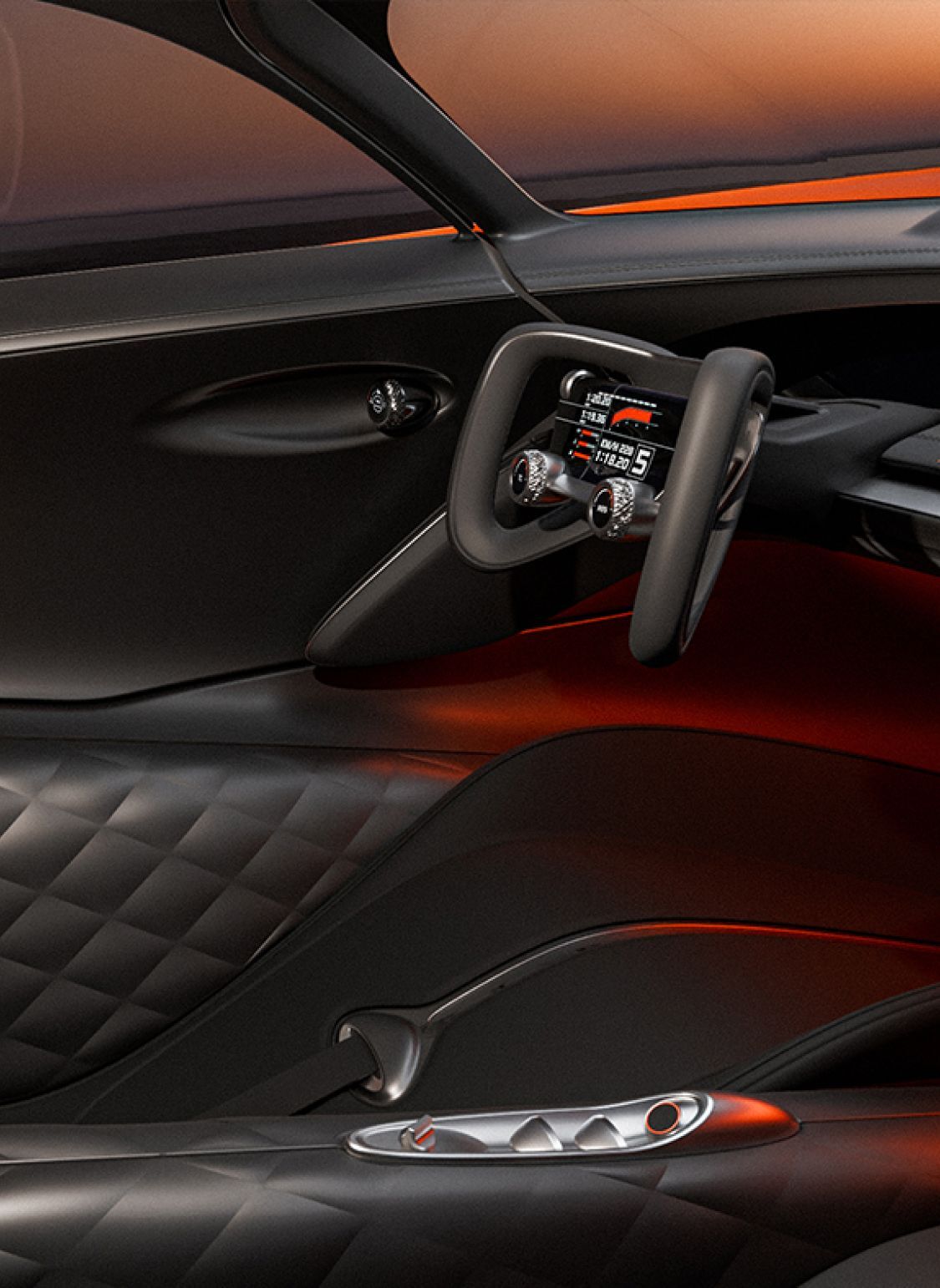 From the passenger seat, the view of the X Gran Berlinetta Concept’s driver’s seat is revealed. The interior is elegantly designed in black and silver, accented by a touch of fiery orange lighting. The steering wheel, featuring a central monitor and ribbon-like handles on either side, epitomizes modern sophistication.