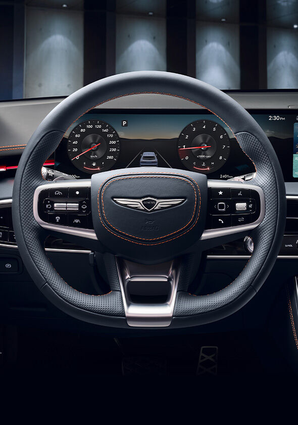 You can see the black leather D-cut steering wheel and the instrument cluster inside the wide display.